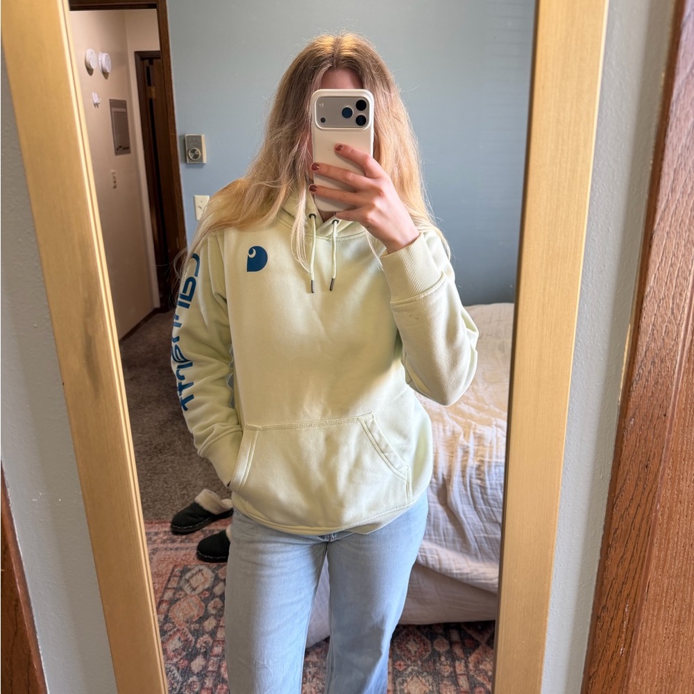 Carhartt Women's Pale Yellow Hoodie with Blue Logo
